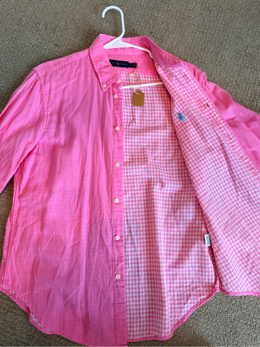 Ralph Lauren Pink Cotton Button Down Shirt with Inside Gingham Print Large NWOT - Picture 8 of 14